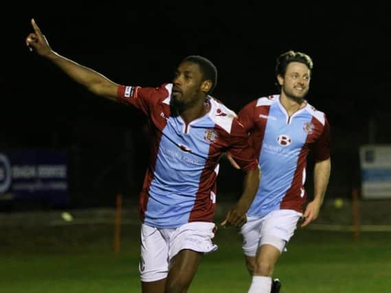 Kiernan Hughes-Mason celebrates after scoring his first Hastings United goal against Greenwich Borough on Tuesday night. Picture courtesy Scott White