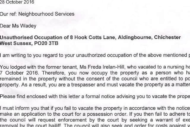 The notice to quit, issued to Tracey Wadey on October 28, just over two weeks after her mother went into care