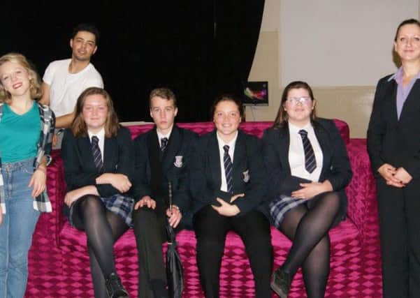 Year 11 students with two members of the Box Clever cast