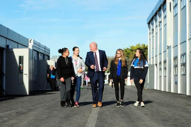 Head Tom Garfield chatting to students when the temporary village was completed last month