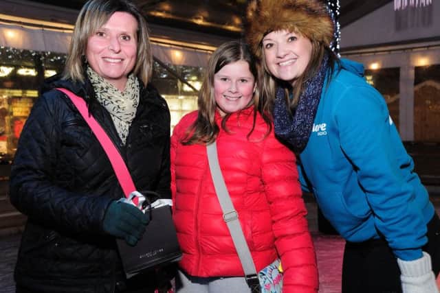 Launch of Ice Rink with More FM at Priory Meadow Shopping Centre, Hastings. 25-11-16. Stacy and daughter Megan with More Radio presenter Hayley Hammond. Photo by Tony Coombes SUS-161129-121722001