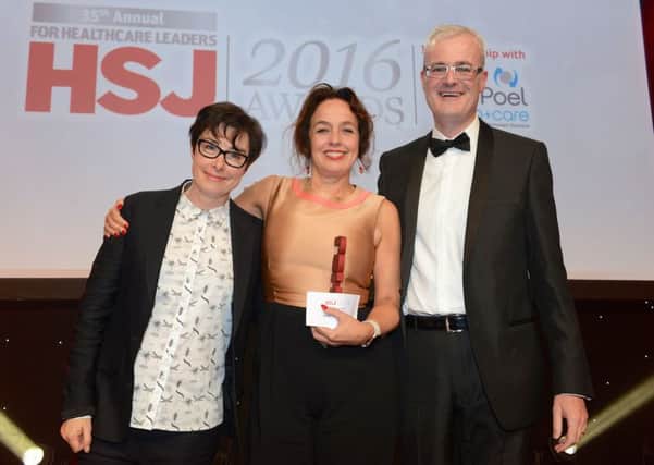 Chief Executive of the Year Marianne Griffiths with awards host Sue Perkins and Daniel Mortimer, Chief Executive, NHS Employers.
