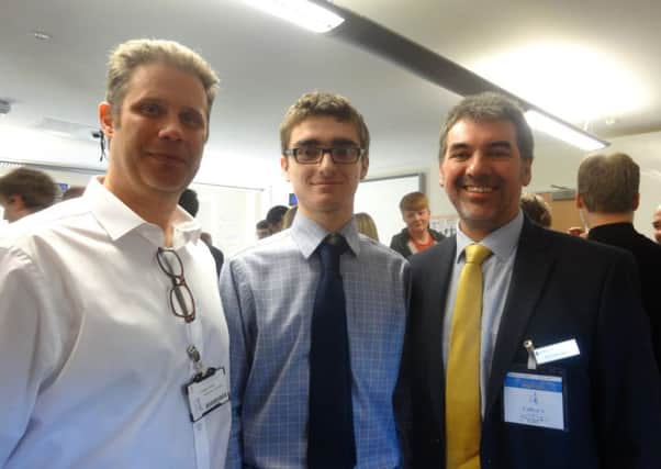 From left: Dr Patrick Collins (Mecmesin), Alex Heroys (current Collyers student) and Paul Kooner-Evans (Chichester University) Photo by Lucy Hargreaves.