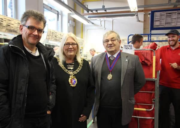 (L-R): Hastings Borough Council leader Peter Chowney, the mayor Judy Rogers and deputy mayor Nigel Sinden at the sorting office. Photo by the council SUS-160112-150928001