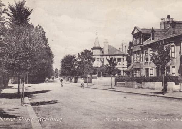 A view of Heene Road in about 1910, with the turreted No. 84 just right of centre and Nos. 82 to 76 on the right. Just visible on the lower right is the credit: Photo  Worthing Portrait Co. Published by R B W. These are two famous names in the history of early Worthing postcards. The Worthing Portrait Company, located at 4, Railway Approach, not only published its own postcards but also provided photographs for various other publishers, in this case the stationers and booksellers Ramsden Brothers, which at that time traded from 7, The Broadway. The W in R B W stood for Worthing
