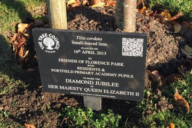 The formal plaque for the The Tree Councils Diamond Jubilee Celebration Project in Florence Road Park, Chichester