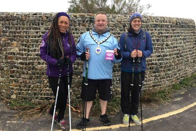 Mother and daughter team Denise and Alison Page with Ian Buckland, Mayor of Littlehampton, who is a member of their Nordic walking group