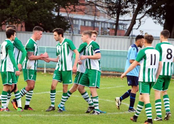 Chichester City celebrate a goal in the recent win over Hailsham / Picture by Kate Shemilt