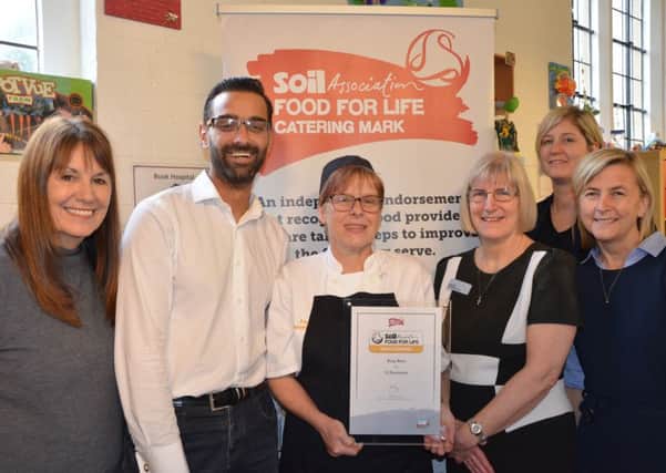 Marg Randles, David Persuad (Soil Association), Paula (chef at Busy Bees), Alice Vine (nursery manager at Busy Bees) and Melanie Fox (Senior catering manager at Busy Bees)