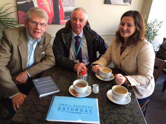 MP Caroline Ansell at Caffe Corro with Cllr Pat Rhodohan (left) and Colin Slaughter from the Federation of Small Businesses