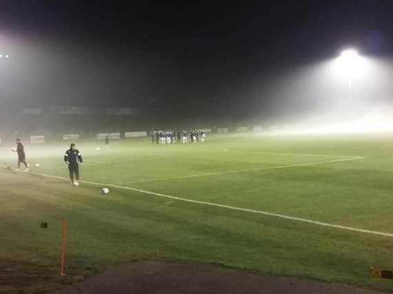 The foggy scene at The Pilot Field shortly before the scheduled kick-off time tonight.