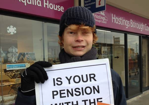 Divest East Sussex member Jamie Osborn takes the divestment message to East Sussex Pension Fund members at Aquila House in Hastings