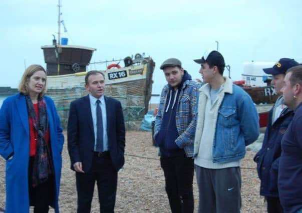 Amber Rudd MP and Fisheries minister George Eustice meeting fishermen in Hastings in February, 2015. Photo courtesy of Ms Rudd SUS-161221-101530001