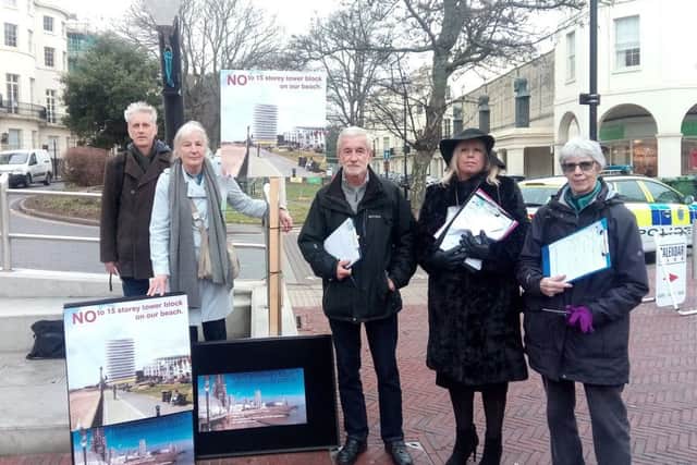 Members of the Worthing Society and Save Our Seafront (SOS) groups held many petition signing events in the town centre. Second from right is Worthing Society chairman Susan Benton
