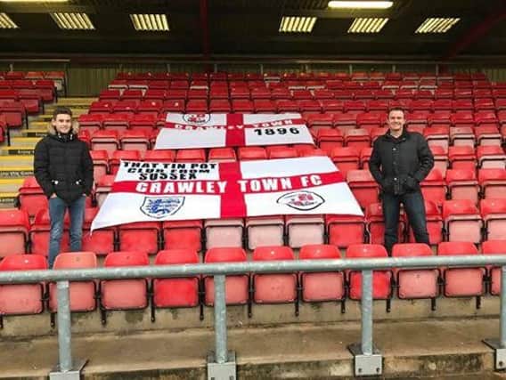 My son Ryan Herbert and me at Crewe on Saturday with our Crawley Town flags.