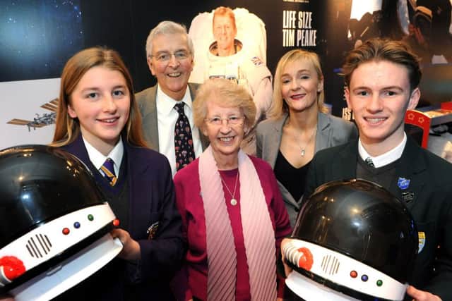 Tim Peake exhibition launch at the Novium, Chichester. Hester John-Cadwell, (Chichester High School), Nigel and Angela Peake, Cathy Hakes (The Novium Museum Manager), Alex Halfacree (Chichester High School). Pic Steve Robards  SR1636331 SUS-161213-184414001