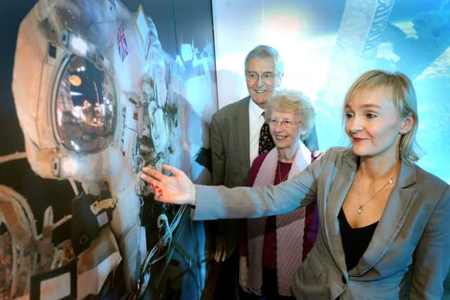 Tim Peake exhibition launch at the Novium, Chichester.  Nigel and Angela Peake, with Cathy Hakes (The Novium Museum Manager), . Pic Steve Robards  SR1636441 SUS-161213-184426001