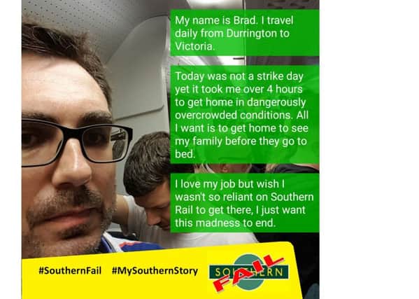 Bradley Rees, 43, from Worthing, has designed a phone app which allows commuters to express their frustration with the Southern Rail strikes. Pictured is an image generated by the app.