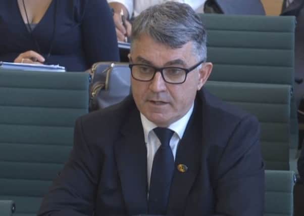 Mick Cash general secretary at the RMT appearing before the House of Commons Transport Select Committee (photo from parliament.tv). SUS-160507-122550001