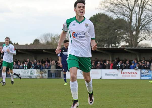 Connor Tighe celebrates a goal against Hendon in his last Rocks spell / Picture by Tim Hale