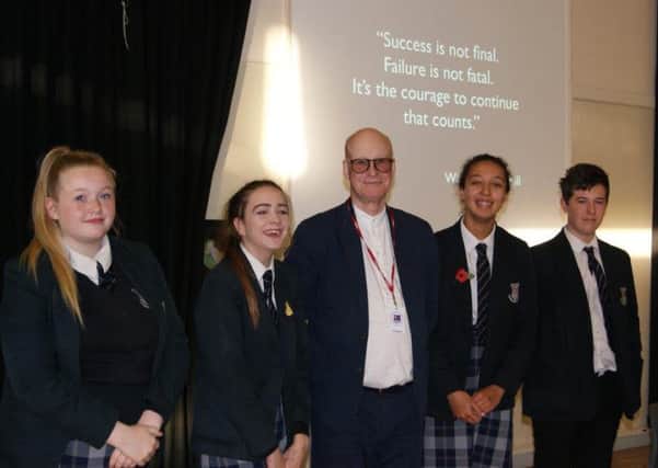 Shannon Squires (Year 10, aged 14), Chloe Embleton (Year 11 aged 15), Roger Mavity, Jasmine Butters (Year 11, age 15) and Alfie Beattie (Year 10, age 14)