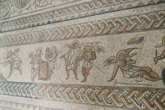 Section of a mosaic discovered in the remains of a Roman villa at Bignor, West Sussex. The Romans tamed the wild Sussex Weald with an efficient network of paved roads.