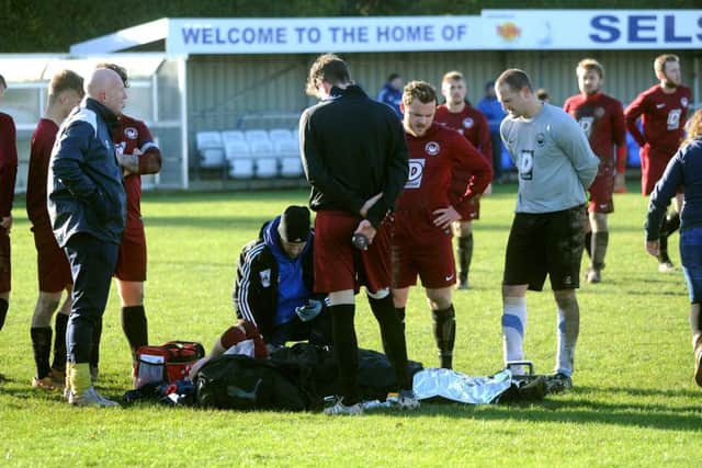 Selsey FC v Storrington FC 02-01-16. Storrington player sustains a suspected double fracture. Pic Steve Robards  SR1637635 SUS-170201-153058001