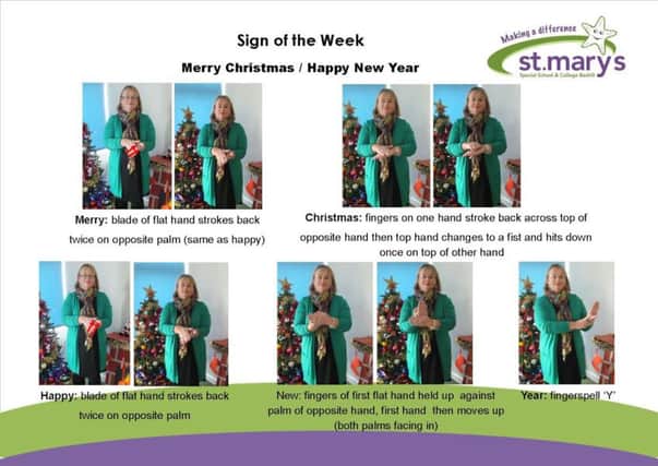 Signing teacher at St Mary's School and College Mrs Owen, showing you how to sign merry Christmas and a happy new year. SUS-161220-144200001