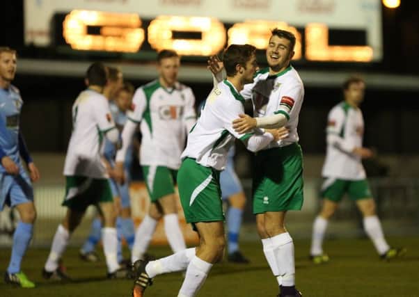 The Rocks celebrate their opening goal against Horsham in the SSC / Picture by Tim Hale
