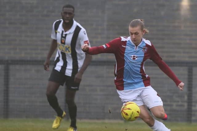 Harry Stannard on the ball in Saturday's 4-0 victory away to Tooting & Mitcham United. Picture courtesy Scott White