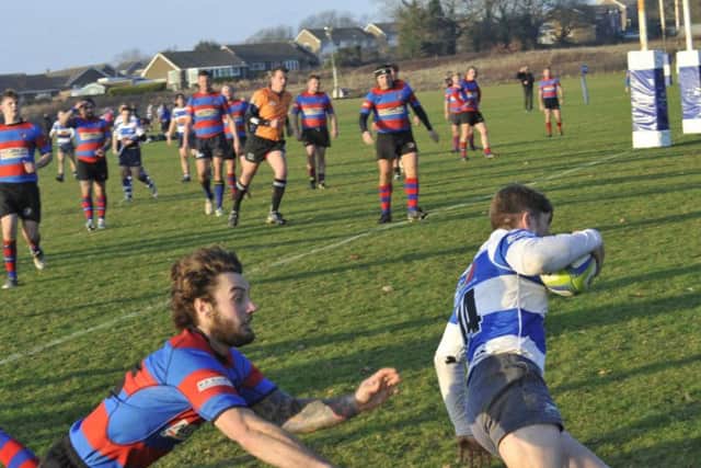 Ben Campbell goes over for Hastings & Bexhill's fourth try against Snowdown CW. Picture by Simon Newstead