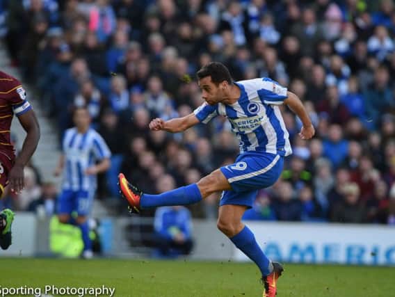 Sam Baldock scores Albion's opener. Picture by Phil Westlake (PW Sporting Photography)