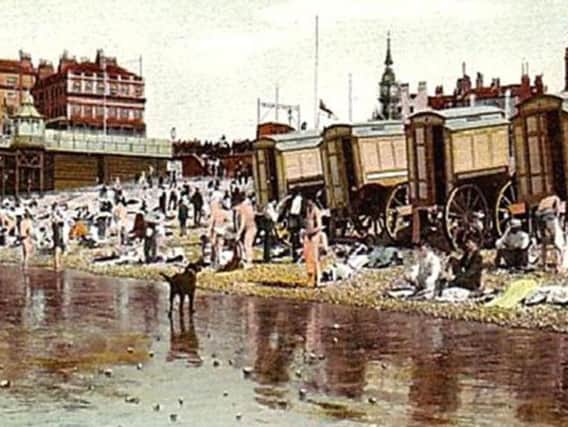Dr. Russell popularised sea bathing and the curative powers of drinking seawater and in doing so hugely boosted Brightons resort status. This photograph shows the beach in Edwardian times with the Royal Albion Hotel visible beyond the Palace Pier.