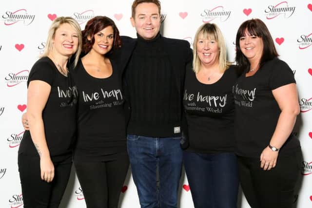 Slimming World Consultants Claire Thornton, Kimberley Thompson, Tracie Gorringe, Carly Milham at the annual Slimming World Awards with TV presenter Stephen Mulhern - picture courtesy of Slimming World
