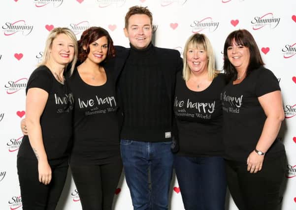 Slimming World Consultants Claire Thornton, Kimberley Thompson, Tracie Gorringe, Carly Milham at the annual Slimming World Awards with TV presenter Stephen Mulhern - picture courtesy of Slimming World