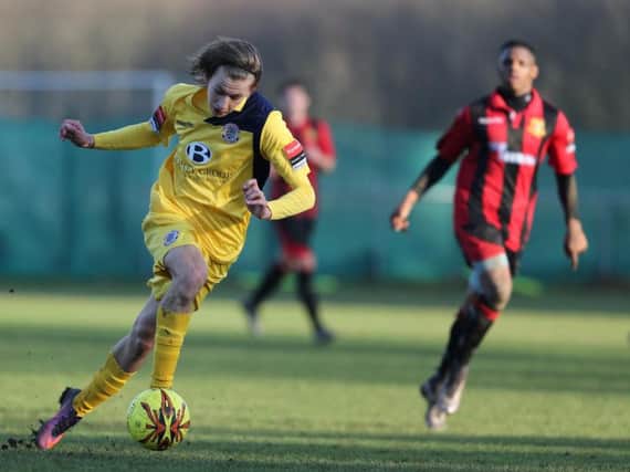 Harry Stannard on the ball for Hastings United against Sittingbourne on New Year's Eve. Picture courtesy Scott White