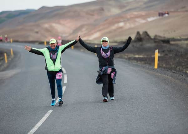 Roger and Jane Hyde finishing Walk the Walks Three Land Challenge in Iceland last year