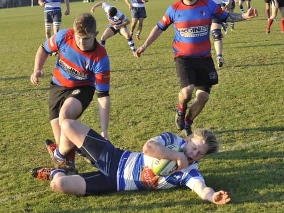 Harry Walker goes over for a try during Hastings & Bexhill's 69-0 win at home to Snowdown CW in their most recent game. Picture by Simon Newstead