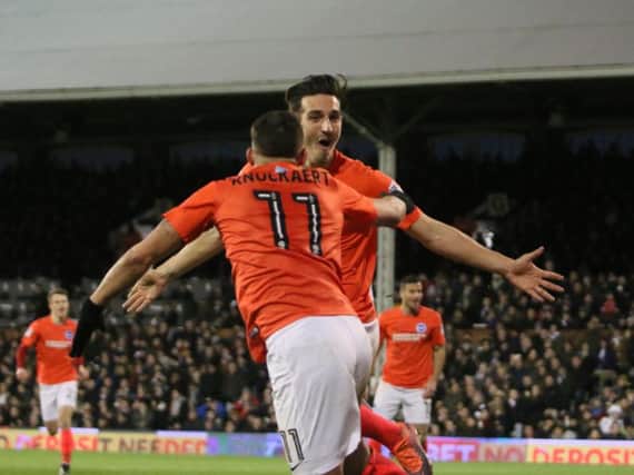 Lewis Dunk celebrates his winner at Fulham. Picture by Angela Brinkhurst