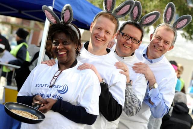 Rotary Club of Horsham's annual community pancake race hosted by Dave Benson Phillips. South East Hearing Care Centre. Pic Steve Robards   SR1604962 SUS-160216-152653001