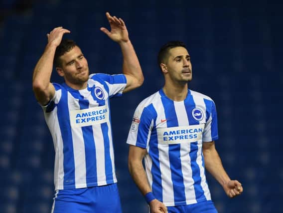 Tomer Hemed and Beram Kayal celebrate Albion's second goal. Picture by Phil Westlake (PW Sporting Photography)