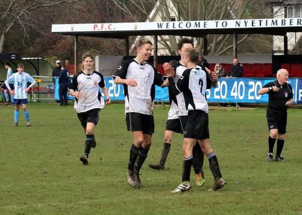 Pagham under-18s celebrate a goal against Worthing / Picture by Roger Smith