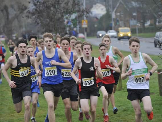 Hastings AC duo Joe Body (620) and eventual winner Jess Magorrian (623) among the early leaders in the under-17 men's race. Picture by Simon Newstead