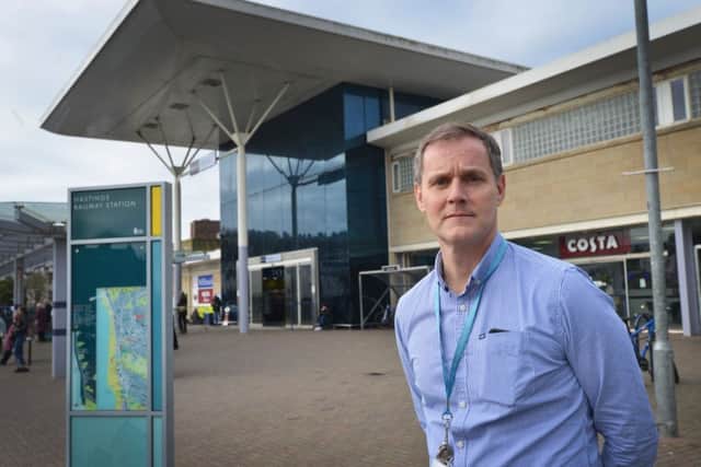 Justin Rollings (Head of Marketing & Communications, 
Sussex Coast College) pictured outside Hastings Station. SUS-171001-132625001