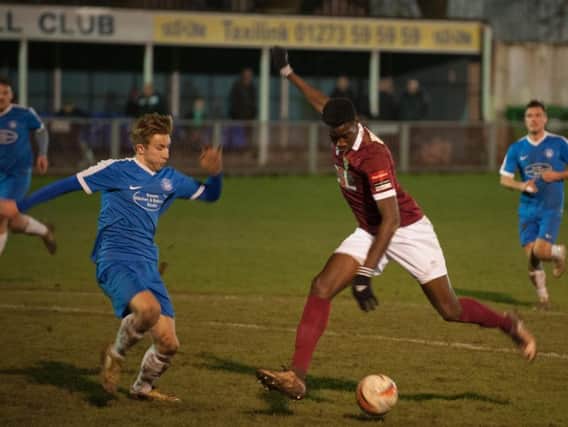 Action from last night's match between Shoreham and Bognor. Picture by Tommy McMillan.