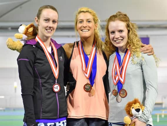 Elise Lovell (left) on the podium after finishing second in the senior women's pentathlon at the England Athletics Indoor Combined Events Championships. Picture courtesy Andy Chubb