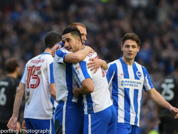 Albion celebrate Beram Kayal's goal against MK Dons on Saturday. Picture by Phil Westlake (PW Sporting Photography)
