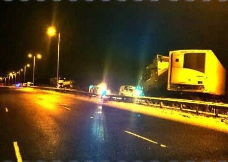 A23 northbound was closed at the Hanscross offslip due to a jackknifed HGV across all three lanes. Picture: Sussex Roads Police