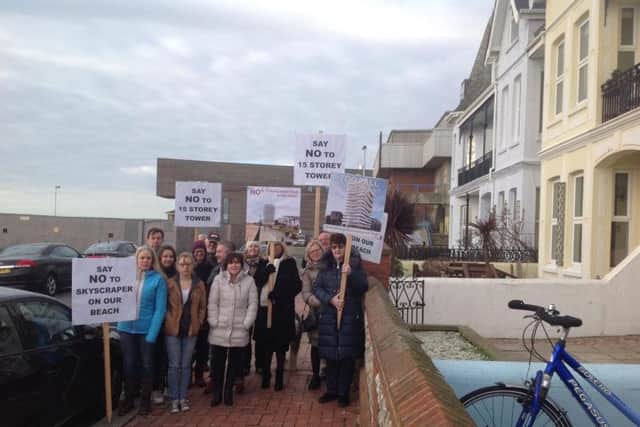 Residents of New Parade, next to the Aquarena site in Brighton Road, protested about the height of the proposed 15-storey tower, which they feared would block out their sunlight