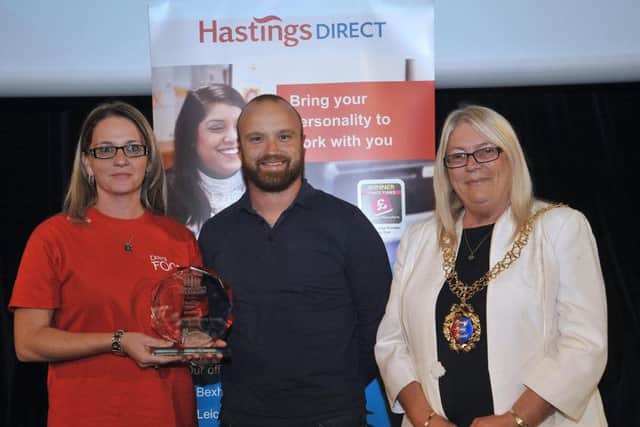 Best Voluntary Group or Charity winners Tina Gibbins & Dom Warren from Dom's Food Mission & the Mayor of Hastings Cllr: Judy Rogers. SUS-161210-062313001